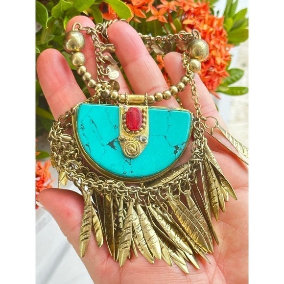 VTG NWT Tanjore India Necklace Turquoise Brass Curb Link Chain Egyptian look - Picture 4 of 11